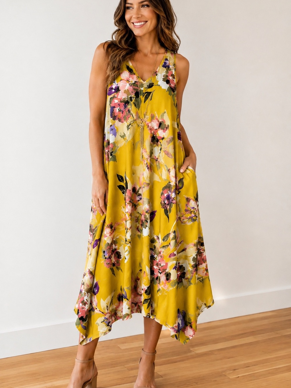 NWT Mlle Gabrielle Mustard Floral Maxi Dress Medium Removable Pendant Necklace